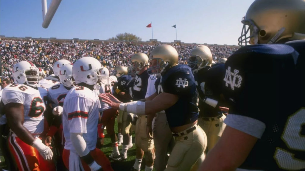 In perhaps the teams’ most famous meeting, a game dubbed “Catholics vs. Convicts” in the 1988 National Championship season, the then-No. 1 Miami Hurricanes faced fourth-ranked Notre Dame in South Bend, Ind.(Jonathan Daniel / Getty Images)